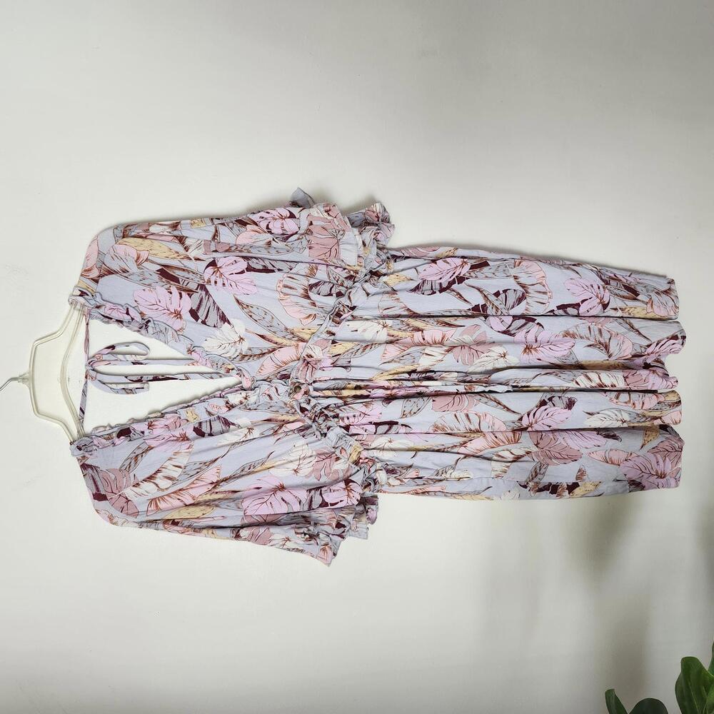 White Birch Floral Print Dress with Ruffle Sleeves v neck elastic waist